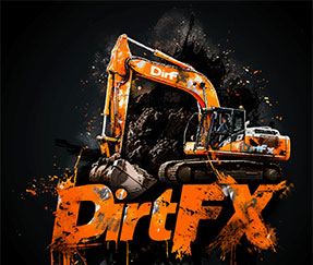 An orange excavator labeled "DirtFX" is pictured in front of a dark, splattered background with the word "DirtFX" in bold orange text at the bottom.