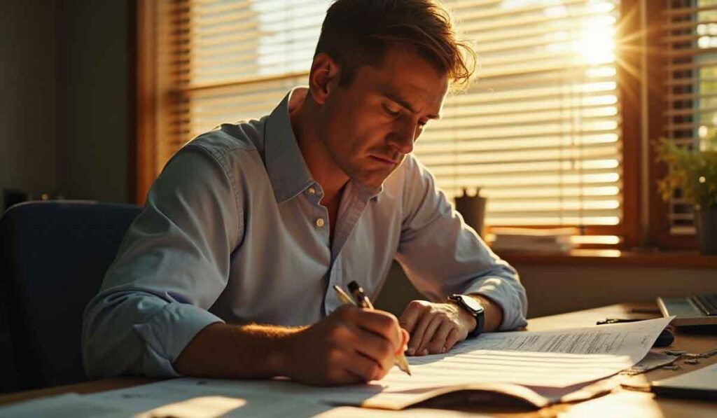 A man in a light blue shirt sits at a desk, writing on papers with sunlight streaming through window blinds behind him.
