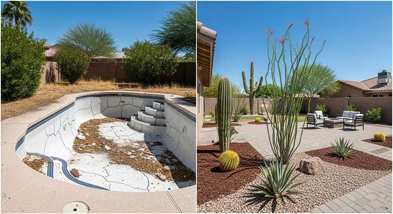 Side-by-side images showing a neglected, empty backyard pool with cracked surface and weeds, and a renovated backyard with desert landscaping and outdoor seating.