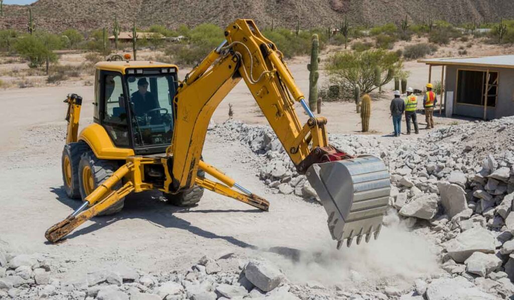 A yellow backhoe loader picks up rocks at a construction site in a desert area, with four workers observing nearby.