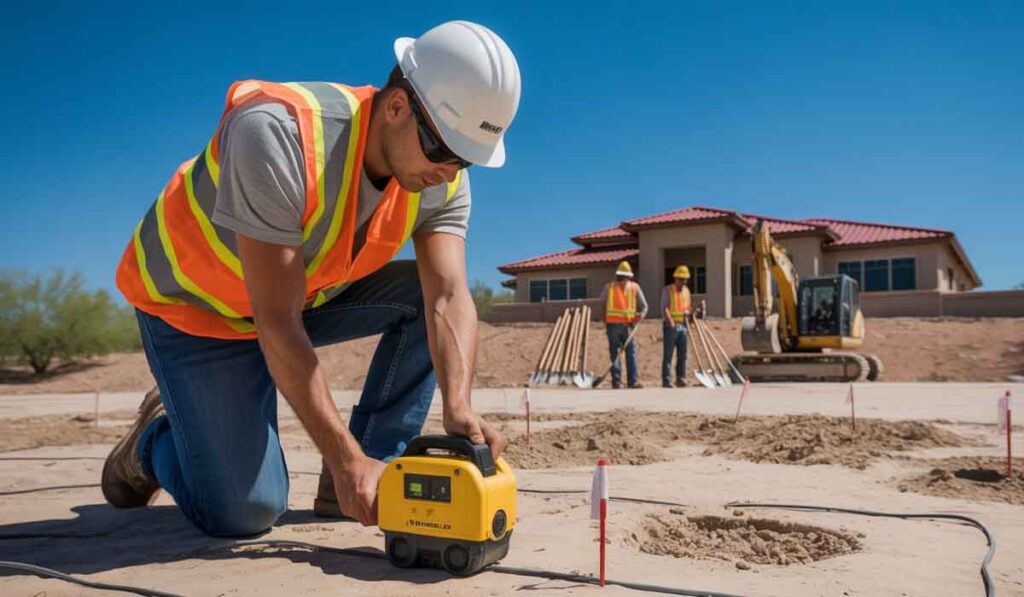 Construction worker in safety gear uses surveying equipment on a sandy site, with a house and excavator in the background and two other workers standing nearby.