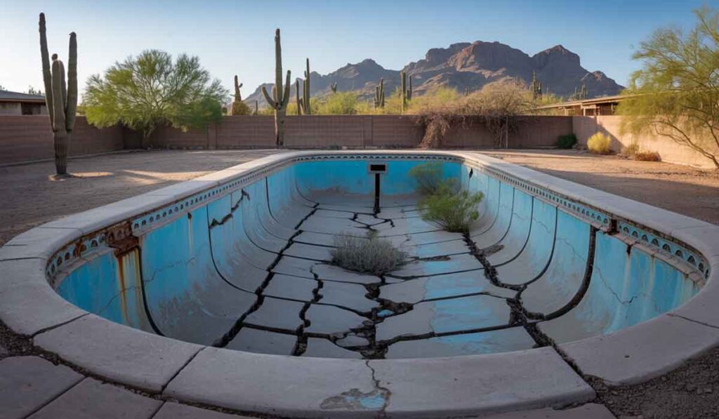An empty, cracked swimming pool with some desert plants growing inside, surrounded by a dry yard with cacti and mountains in the background.