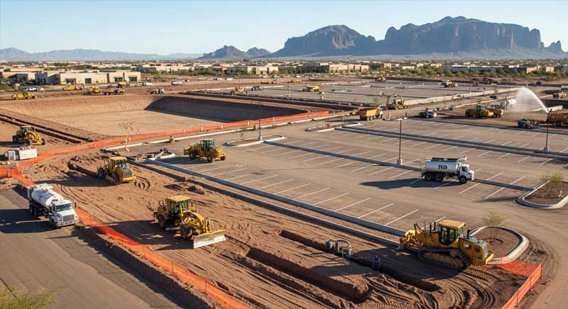 Construction vehicles and equipment are working on a large parking lot site, with dirt being moved and areas sectioned off by orange fencing. Mountains are visible in the background.