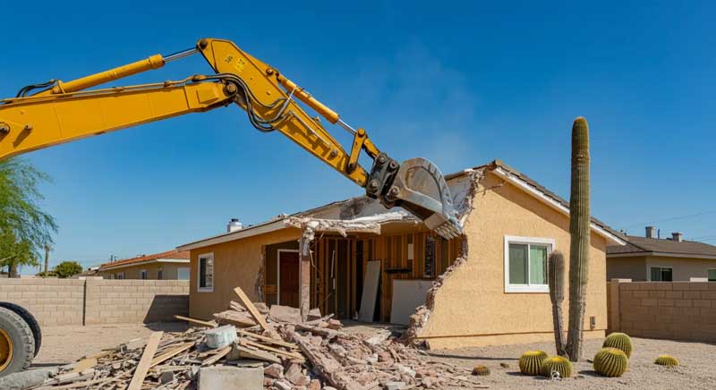 A yellow excavator demolishes the corner of a single-story house in a desert yard with cacti and debris scattered in front.