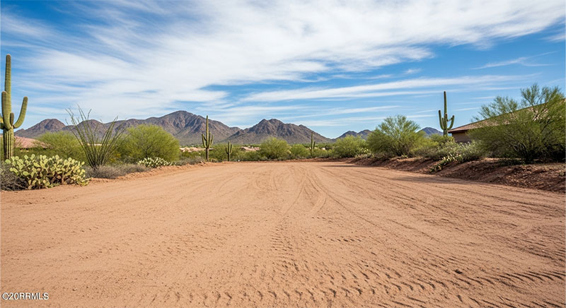 A wide dirt road lined with desert vegetation, including cacti and shrubs, under a partly cloudy sky with mountains in the background.