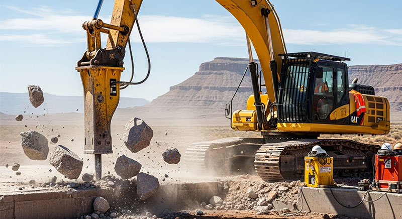 A large excavator uses a hydraulic breaker to demolish concrete, sending debris and dust into the air in a desert landscape.