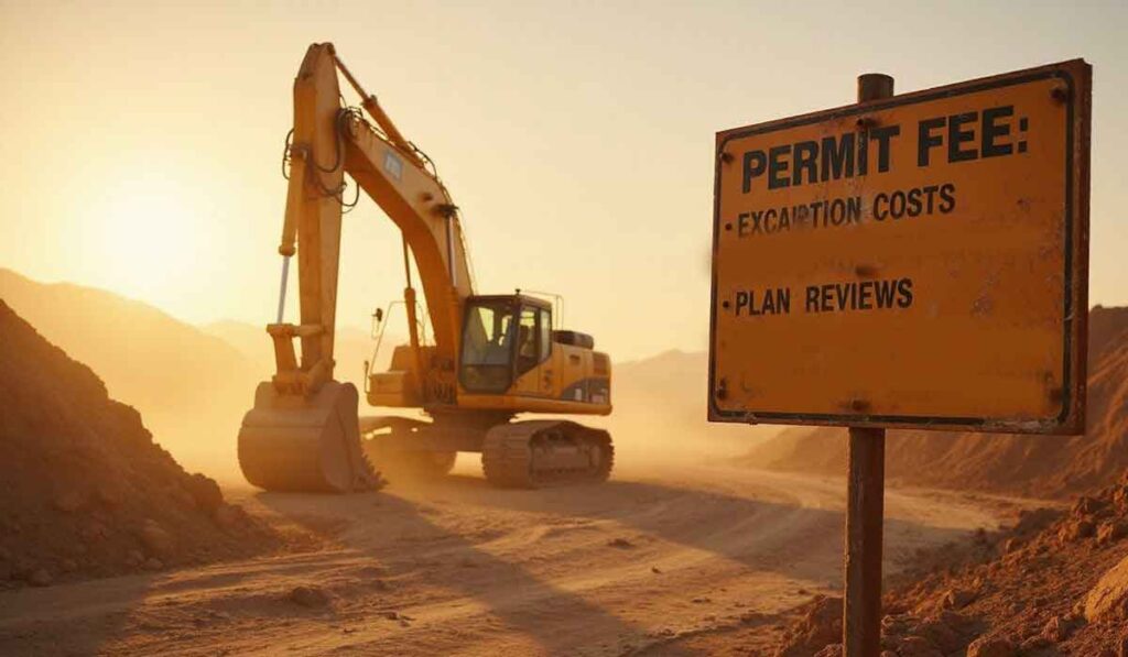 A yellow excavator works on a dirt road at sunset, with a permit fee sign in the foreground listing excavation costs and plan reviews.