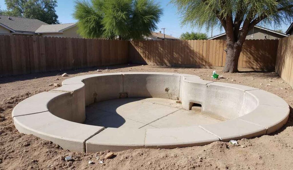 A dry, empty concrete hot tub is set in a dirt backyard with a wooden fence and a tree providing some shade.
