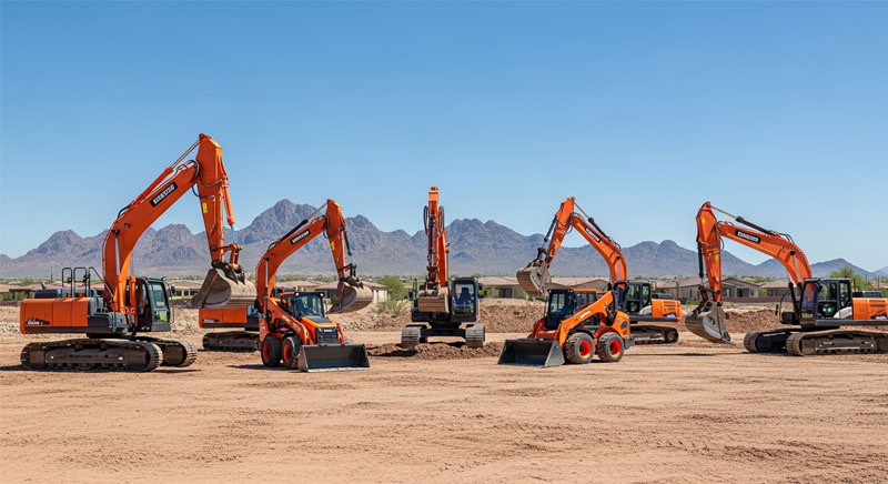 Several orange construction vehicles, including excavators and loaders, are parked on a dirt lot with mountains visible in the background under a clear blue sky.
