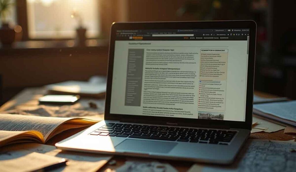 A laptop displaying a research article sits on a desk with open books and papers, illuminated by natural light from a nearby window.