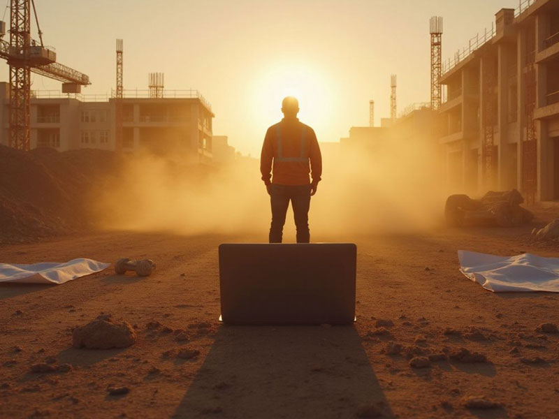 A construction worker stands on a dusty construction site at sunset, surrounded by equipment and unfinished buildings, with sunlight shining through the dust.