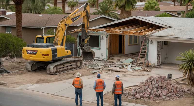 A yellow excavator demolishes the front section of a house while three workers in orange safety vests observe from the driveway.