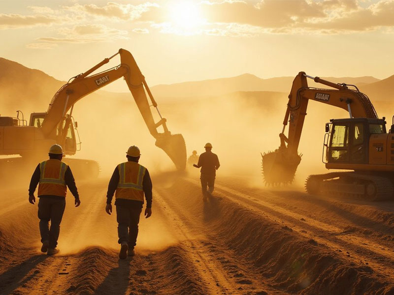 Construction workers walk on a dusty worksite at sunset, with excavators operating in the background.