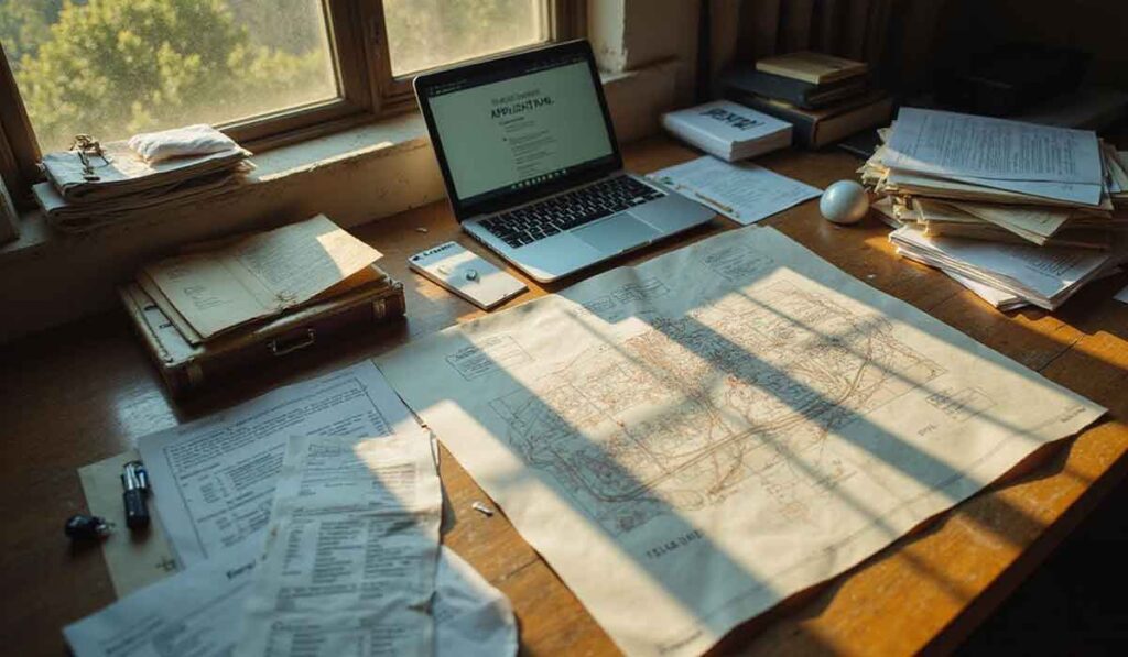 A wooden desk with scattered documents, a large map, a laptop, a pen, and stacks of papers, lit by sunlight from a nearby window.