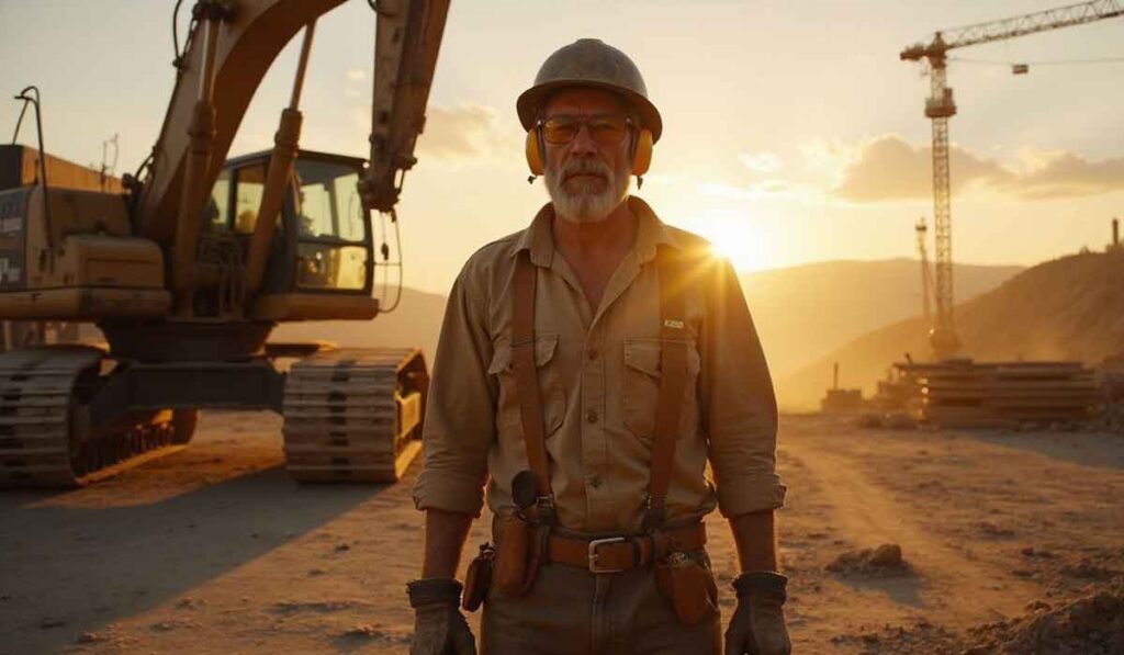 A construction worker in safety gear stands in front of heavy machinery at a dusty construction site during sunset.