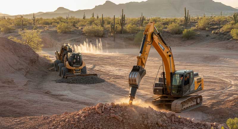 An excavator and a loader operate on a rocky construction site in a desert landscape with cacti and distant mountains.