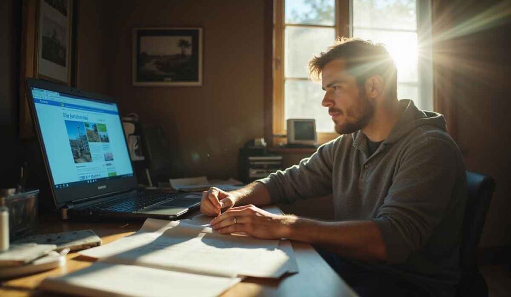 A man sits at a desk in a sunlit room, writing on paper with a pen while looking at a laptop screen displaying a website.
