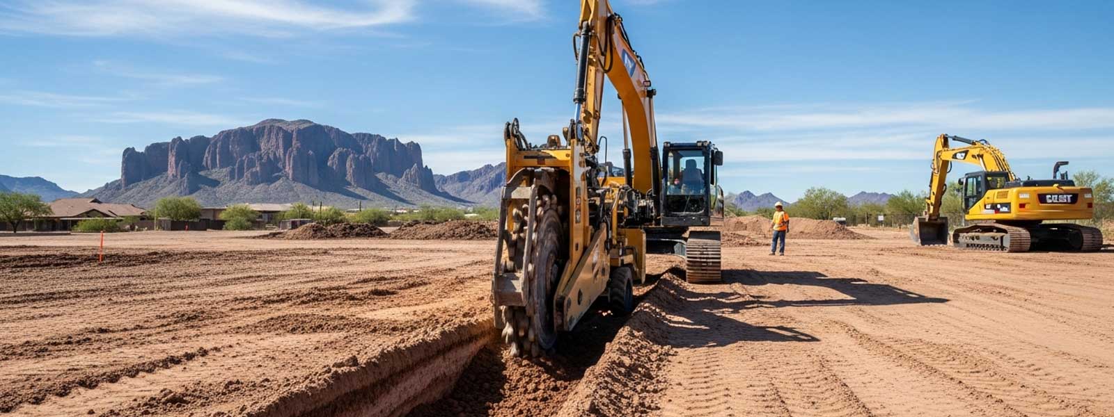 Excavators dig trenches in a sandy construction site with mountains and desert vegetation in the background under a clear sky.
