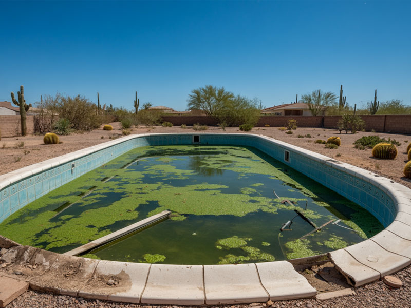An empty, neglected swimming pool with green algae and debris in the water, set in a dry, desert backyard with cacti and sparse vegetation under a clear blue sky.
