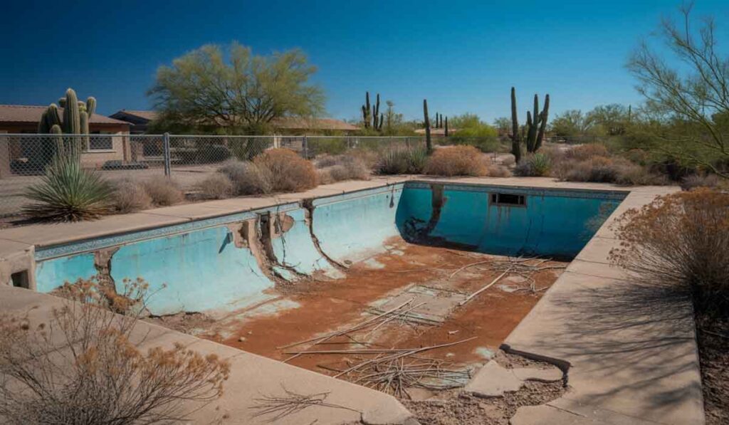 An empty, deteriorating swimming pool with cracked walls and debris sits in a desert landscape surrounded by dry plants and cacti under a clear blue sky.