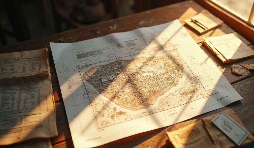 A map or architectural blueprint is spread out on a wooden desk, surrounded by papers, with sunlight casting shadows across the surface.