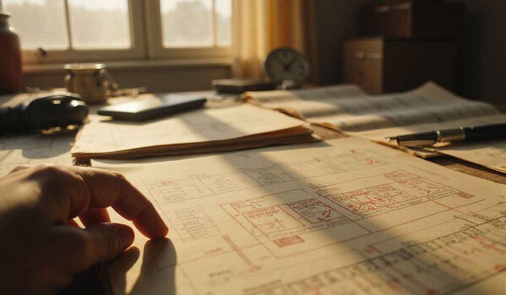 A hand holds architectural blueprints on a desk cluttered with papers, a pen, and folders, with sunlight streaming through a window in the background.