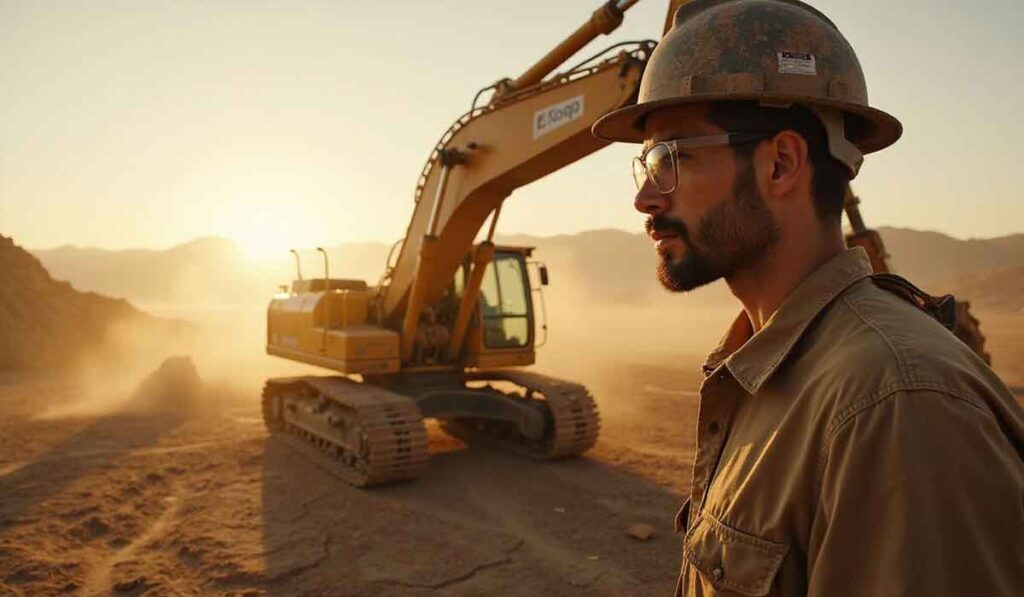 A construction worker in safety gear stands in front of an excavator at a dusty construction site during sunset.