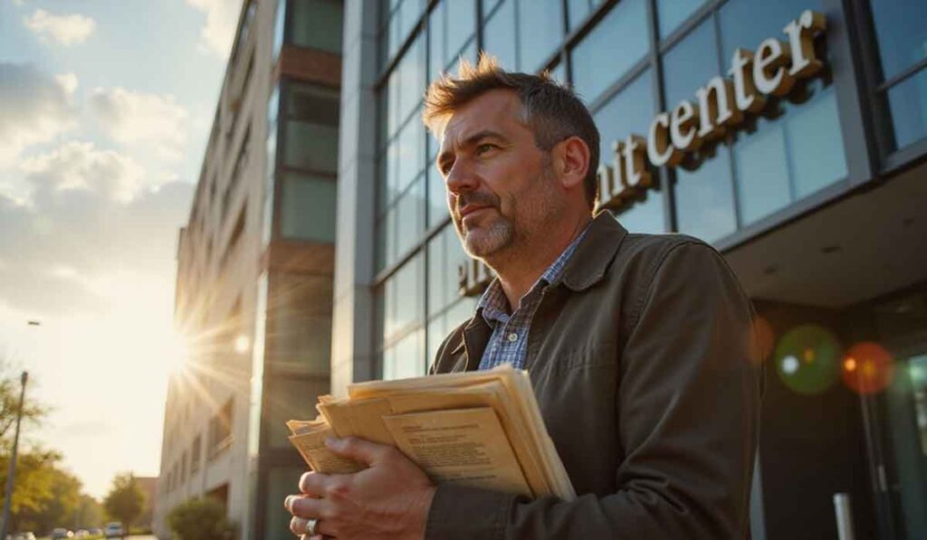 Man holding folders stands outside a modern office building labeled "center" as the sun sets in the background.