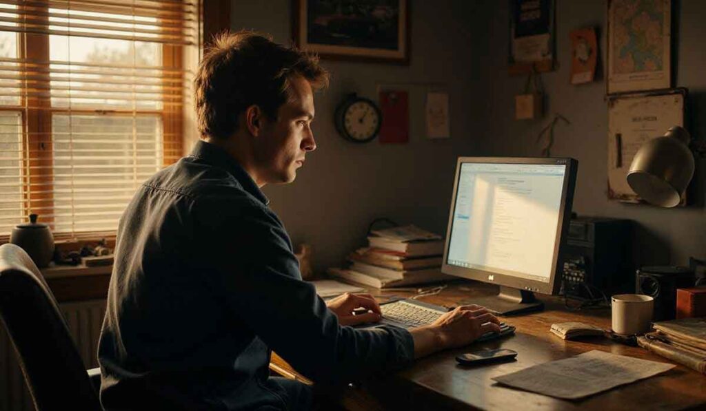 A man sits at a desk using a desktop computer in a home office, with books, papers, and a cup nearby. Sunlight streams through a window with blinds.