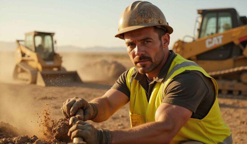 Construction worker in a yellow vest and helmet pulls a rope at a dusty job site, with heavy machinery in the background.
