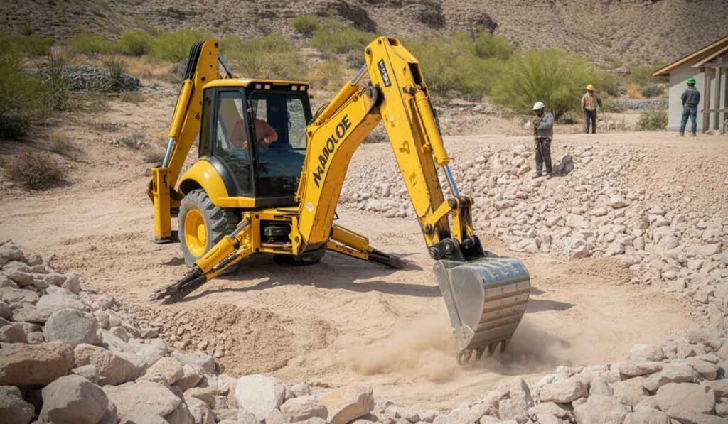 A yellow backhoe loader is moving rocks and dirt at a construction site in a desert area, with two workers observing in the background.