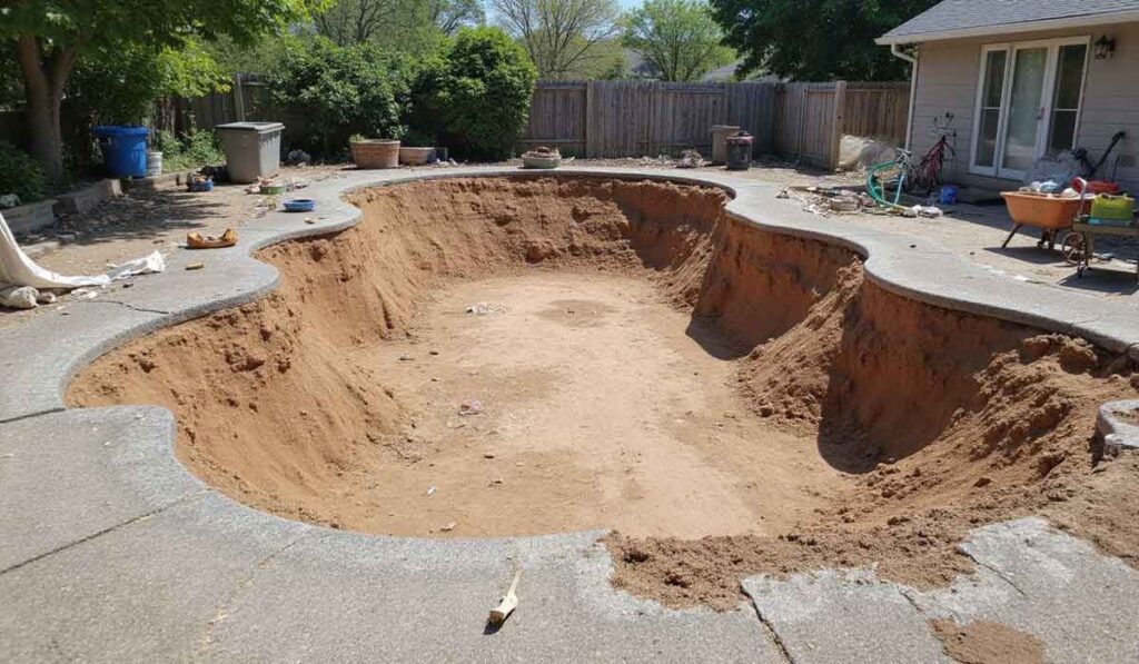An empty in-ground swimming pool with all water and liner removed, exposing a dirt bottom. The surrounding patio shows scattered debris and garden tools.