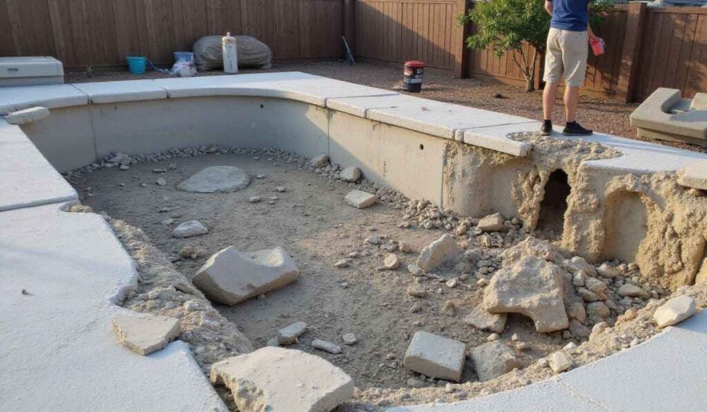 Partially demolished empty swimming pool with broken concrete and debris scattered inside; a person stands on the edge.
