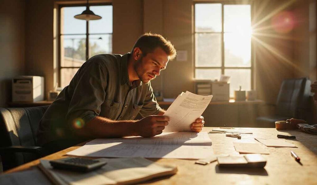 A man sits at a desk examining paperwork in a sunlit office with scattered documents and a calculator.