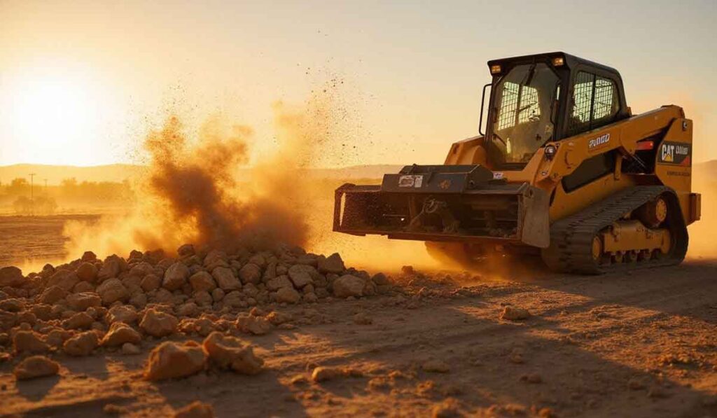 A yellow skid steer loader moves a pile of dirt and rocks on a construction site at sunset, raising dust into the air.