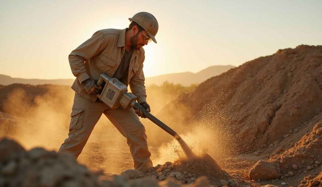 A construction worker in protective gear operates a jackhammer on a dusty worksite at sunset with dirt mounds in the background.