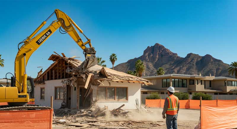 A yellow excavator demolishes a small house as two construction workers observe, with mountains and modern buildings in the background.