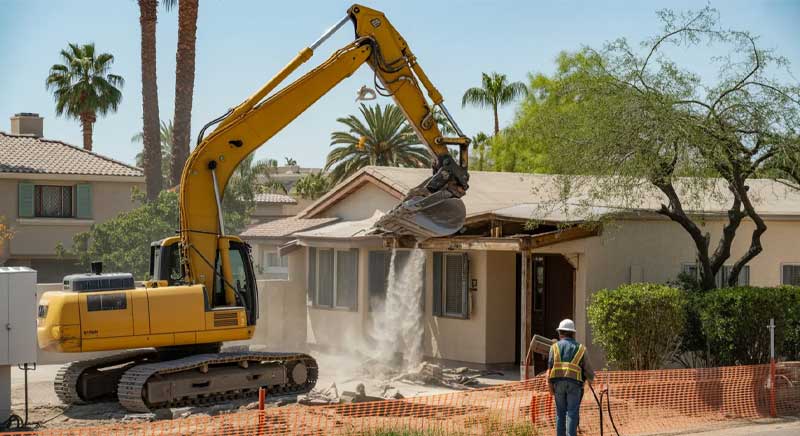 A yellow excavator demolishes part of a small house while a construction worker in a safety vest and helmet stands nearby, with dust and debris visible.
