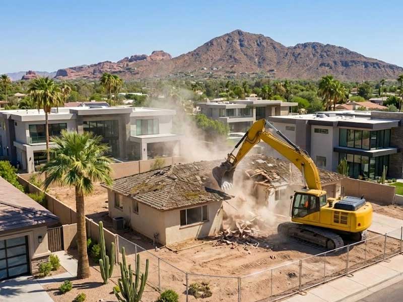 A yellow excavator demolishes a single-story house in an Arcadia residential neighborhood, with modern homes and mountains visible in the background.