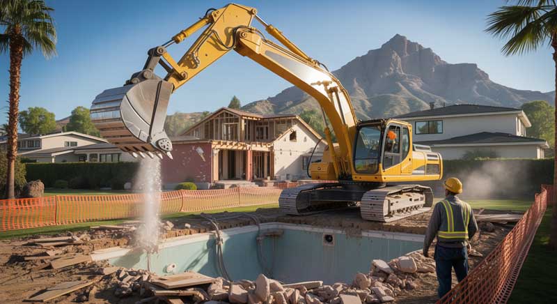 A construction excavator demolishes a backyard swimming pool as a worker observes; houses and a mountain are visible in the background.