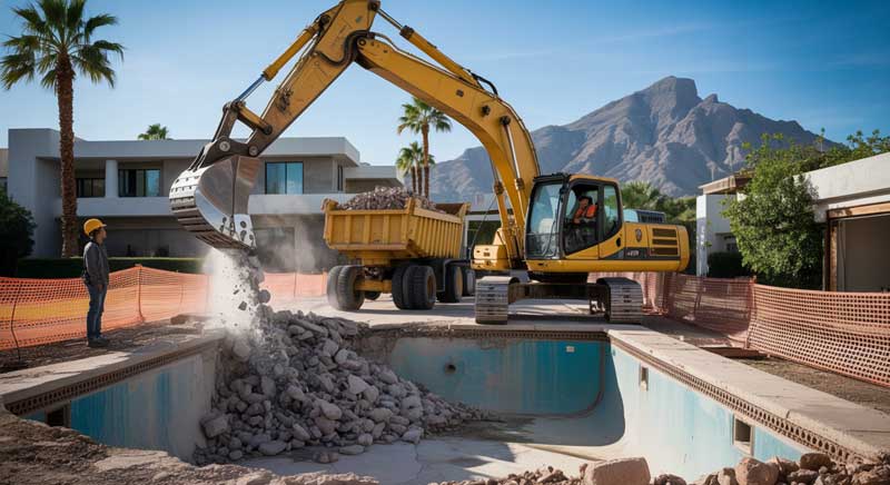 An excavator dumps rocks into an empty swimming pool as a construction worker observes at a residential site with mountains in the background.