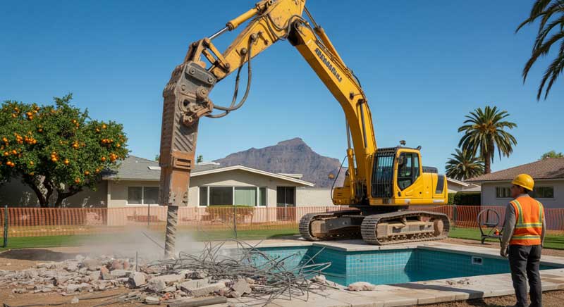 A construction excavator uses a hydraulic breaker to demolish a backyard swimming pool, while a worker in a safety vest observes nearby.