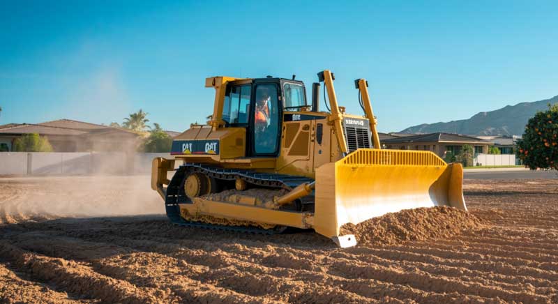 A yellow bulldozer moves and levels dirt on a construction site under a clear blue sky, with houses and mountains in the background.