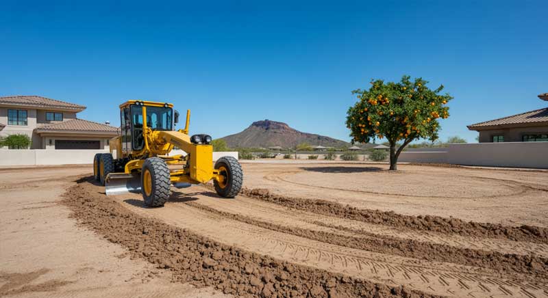A yellow grader levels dirt in a residential yard, with a single orange tree nearby and a mountain in the background under a clear blue sky.