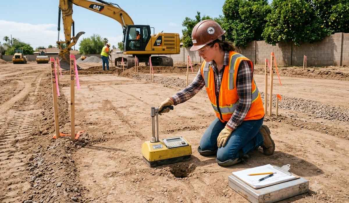 A construction worker in safety gear uses a soil testing device on a dirt site while excavators operate in the background.