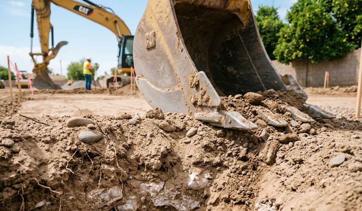 Close-up of an excavator bucket on a construction site with dirt in the foreground and workers in the background.