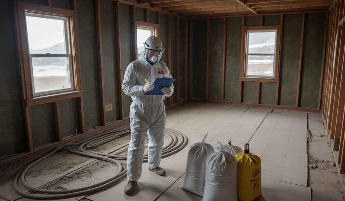 Person in protective suit and mask stands in a bare room with exposed framing, checking a clipboard near several large filled bags.