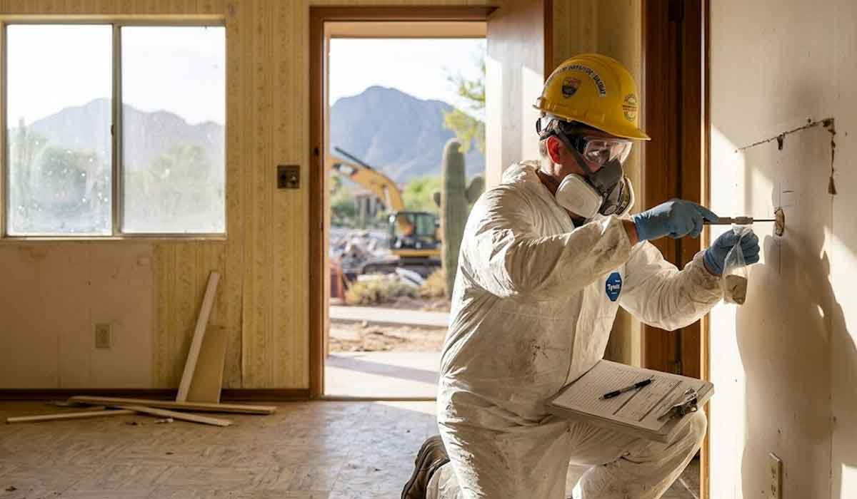 A worker in protective gear and a hard hat collects a wall sample with a swab in an empty room, holding a clipboard; construction equipment is visible outside the window.