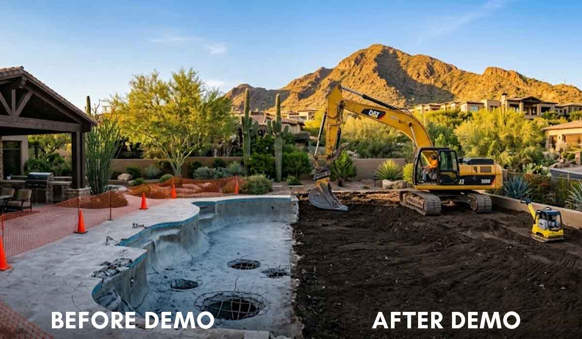 A backyard with a drained pool labeled "Before Demo" and the same area with the pool demolished and dirt filled in, labeled "After Demo." Construction equipment is present.
