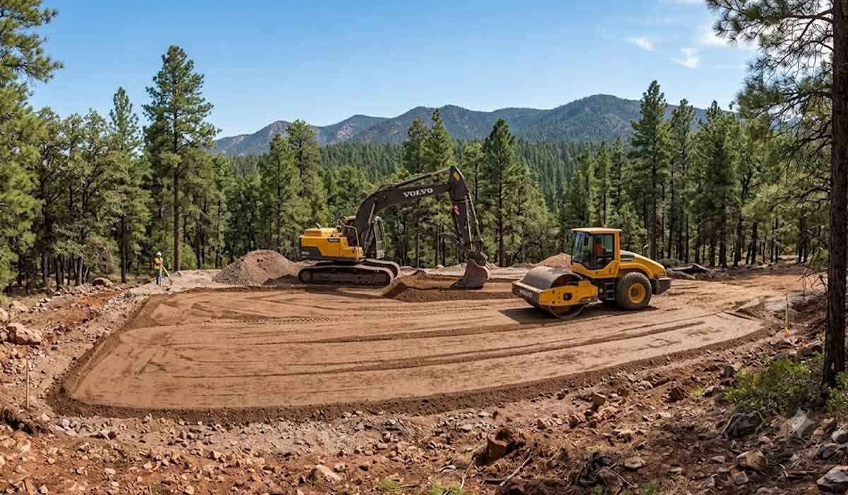 Excavator and steamroller working on a leveled dirt construction site surrounded by trees with mountains in the background.